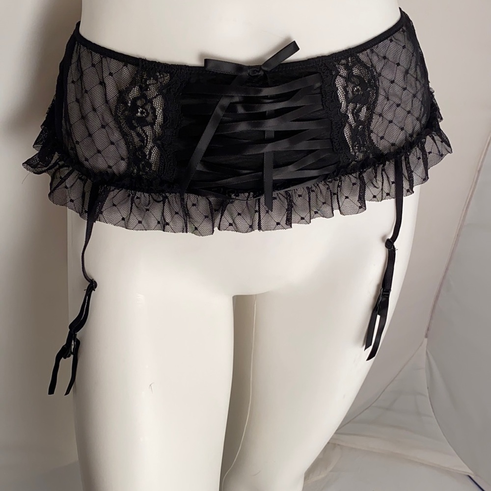 Black Swiss dot lace up front garter belt